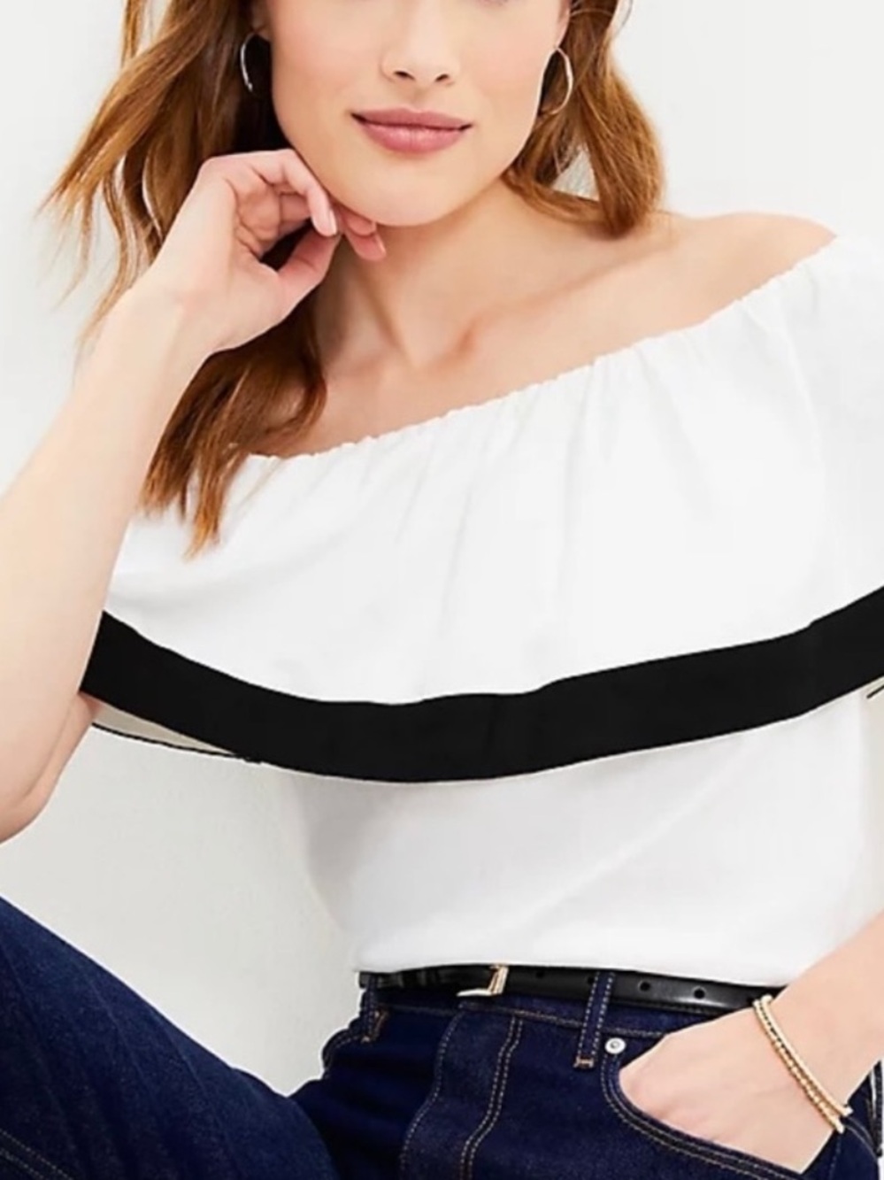 Loft Off The Shoulder White Top with Black Trim; Size XL